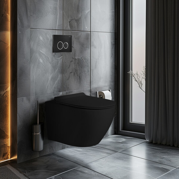 Унитаз подвесной безободковый (Торнадо) HOLLER FLOW MB (530*360*350мм, сиденье дюропласт, микролифт) черный матовый