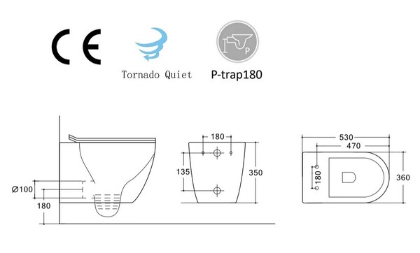 Унитаз подвесной безободковый (Торнадо) HOLLER WIND MW (530*360*350мм, сиденье дюропласт, микролифт) белый матовый