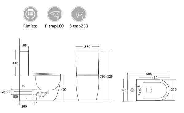 Унитаз-моноблок безободковый HOLLER МОНО MDG (685*370*825мм, сиденье дюропласт с микролифтом, арматура 2-х режимная)  (1 место) серый матовый