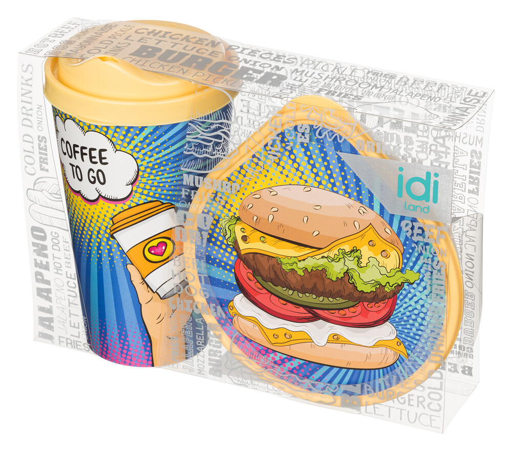 Набор: стакан "IZI-GO" с крышкой 550мл с декором + контейнер для хранения 0,4л с декором (бледно-желтый) 222101904/01 РАСПРОДАЖА