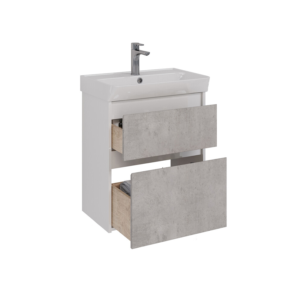 Тумба Lemark COMBI 60 см подвесная/напольная (под ум. NEON 60 Дрея) 2 ящика, цвет фасада: Бетон, цвет корпуса: Белый глянец LM03C60T-Beton
