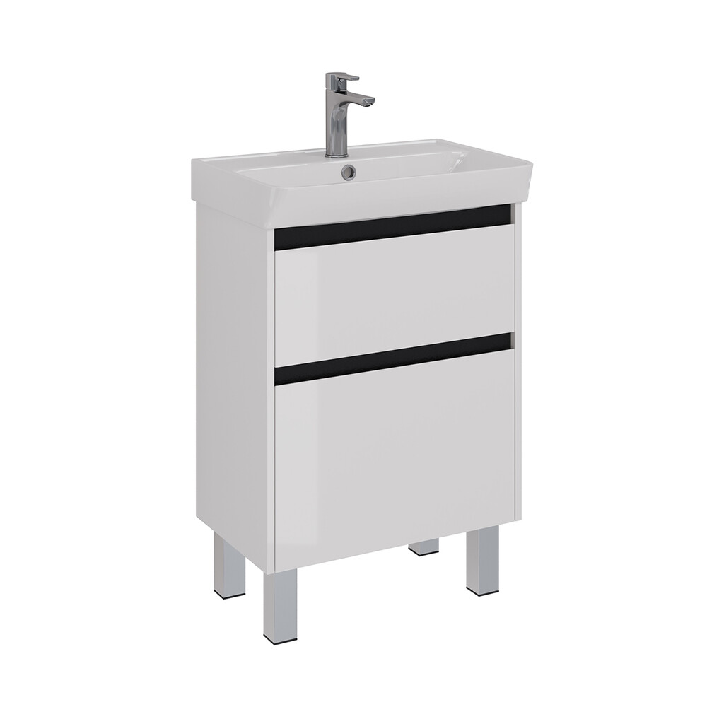 Тумба Lemark COMBI 60 см подвесная/напольная (под ум. NEON 60 Дрея) 2 ящика, цвет планки: Чёрный, цвет корпуса, фасада: Белый глянец LM03C60T-black