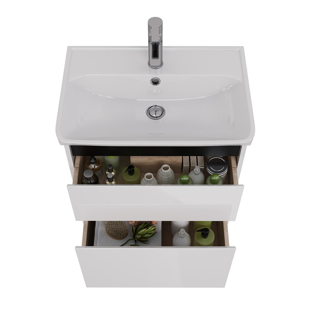 Тумба Lemark COMBI 60 см подвесная/напольная (под ум. NEON 60 Дрея) 2 ящика, цвет планки: Чёрный, цвет корпуса, фасада: Белый глянец LM03C60T-black