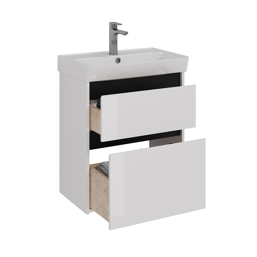 Тумба Lemark COMBI 60 см подвесная/напольная (под ум. NEON 60 Дрея) 2 ящика, цвет планки: Чёрный, цвет корпуса, фасада: Белый глянец LM03C60T-black