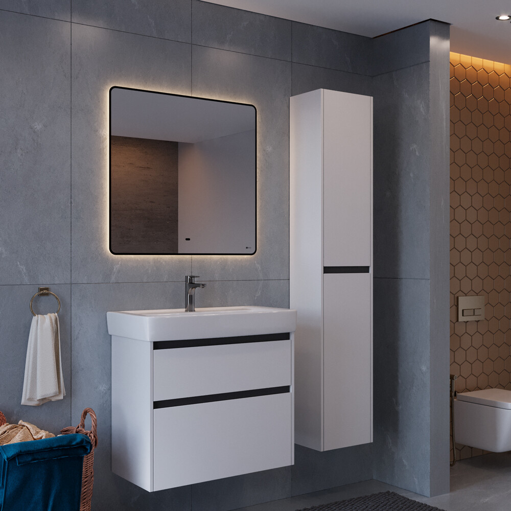 Тумба Lemark COMBI 60 см подвесная/напольная (под ум. NEON 60 Дрея) 2 ящика, цвет планки: Чёрный, цвет корпуса, фасада: Белый глянец LM03C60T-black