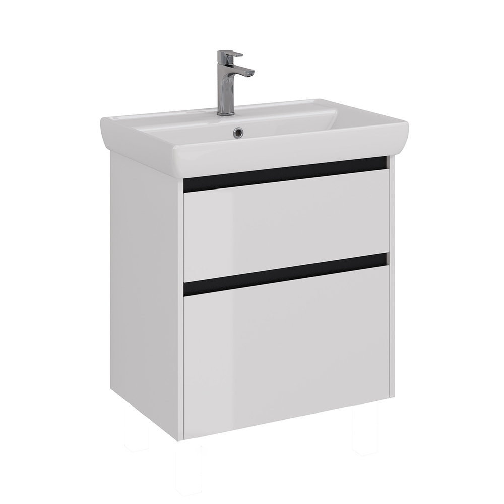 Тумба Lemark COMBI 70 см под 1 раковину, подвесная/напольная, 2 ящика, цвет планки: Чёрный, цвет корпуса, фасада: Белый глянец LM03C70T-black