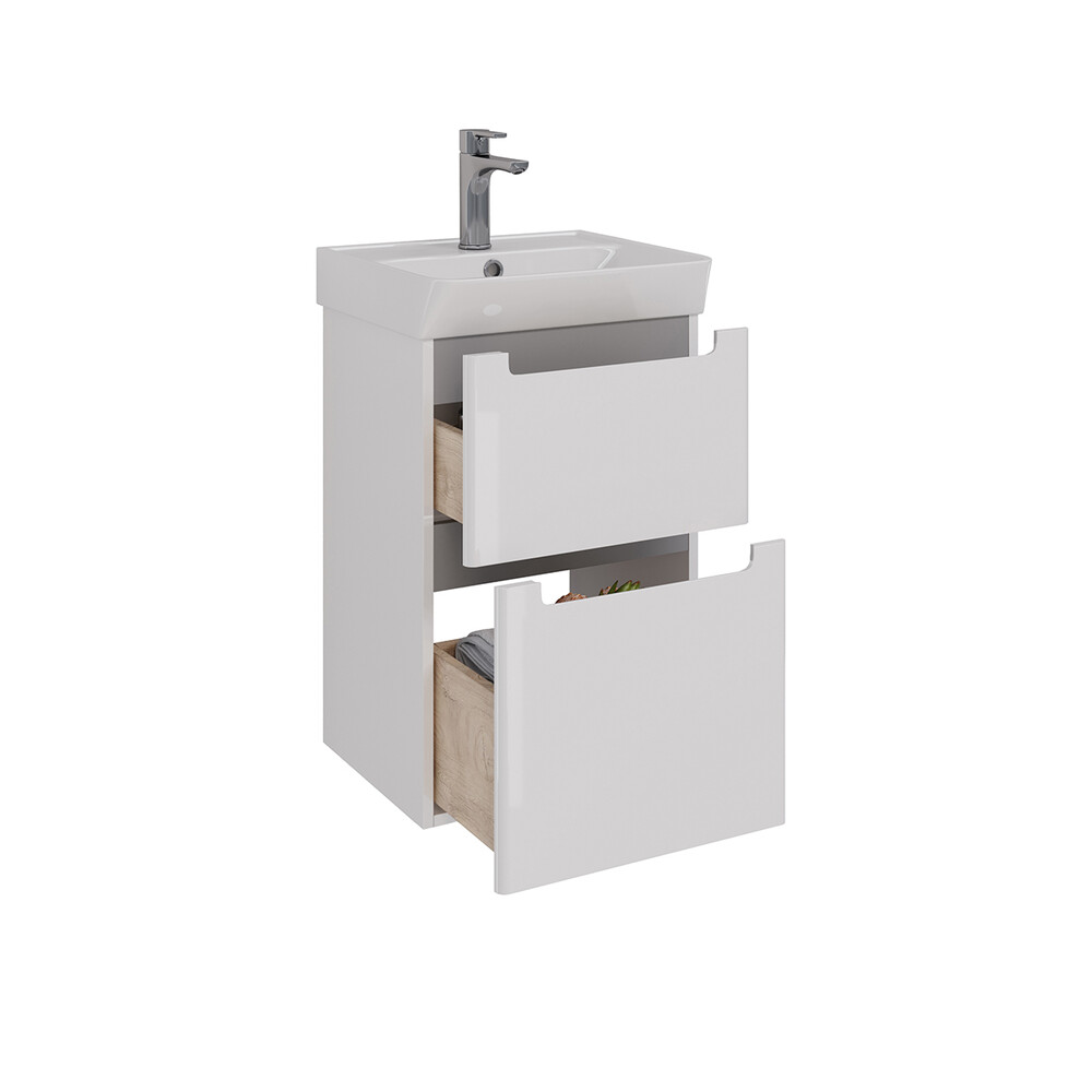 Тумба Lemark BUNO 45 см подвесная/напольная, 2 ящика, (под ум. NEON 45 Дрея) цвет планки: Серый, цвет корпуса, фасада: Белый глянец LM04B45T