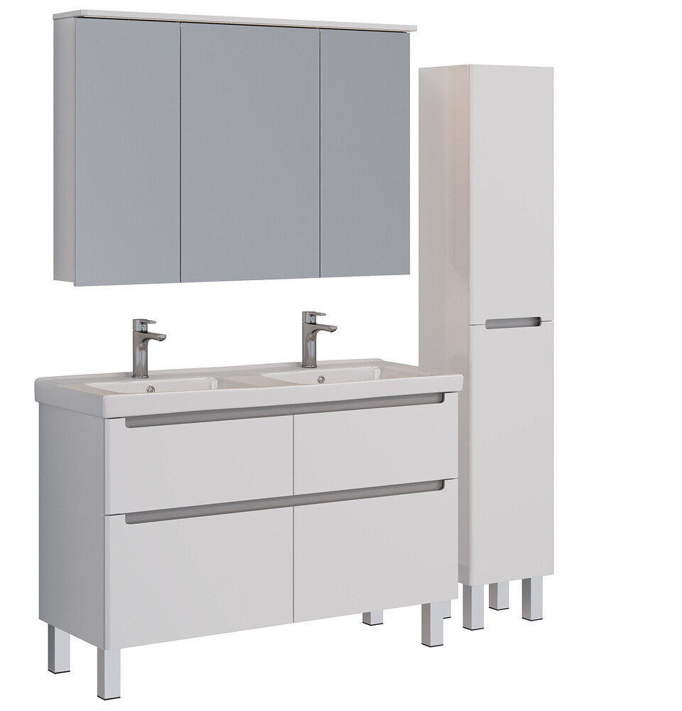 Тумба Lemark BUNO 125 см подвесная/напольная, 4 ящика, (под двойной ум. Гармония 125) цвет планки: Серый, цвет корпуса, фасада: Белый глянец LM04B125T