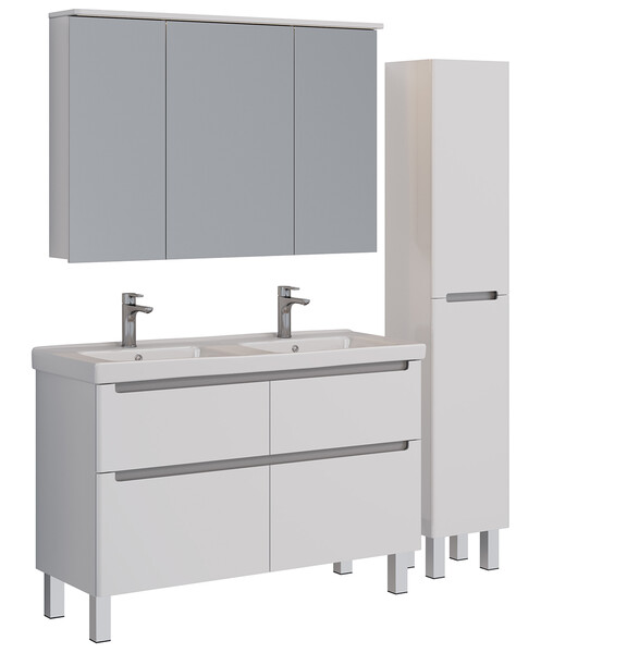 Тумба Lemark BUNO 125 см подвесная/напольная, 4 ящика, (под двойной ум. Гармония 125) цвет планки: Серый, цвет корпуса, фасада: Белый глянец LM04B125T