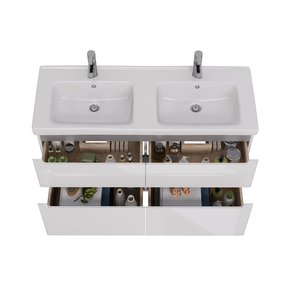 Тумба Lemark BUNO 125 см подвесная/напольная, 4 ящика, (под двойной ум. Гармония 125) цвет планки: Серый, цвет корпуса, фасада: Белый глянец LM04B125T