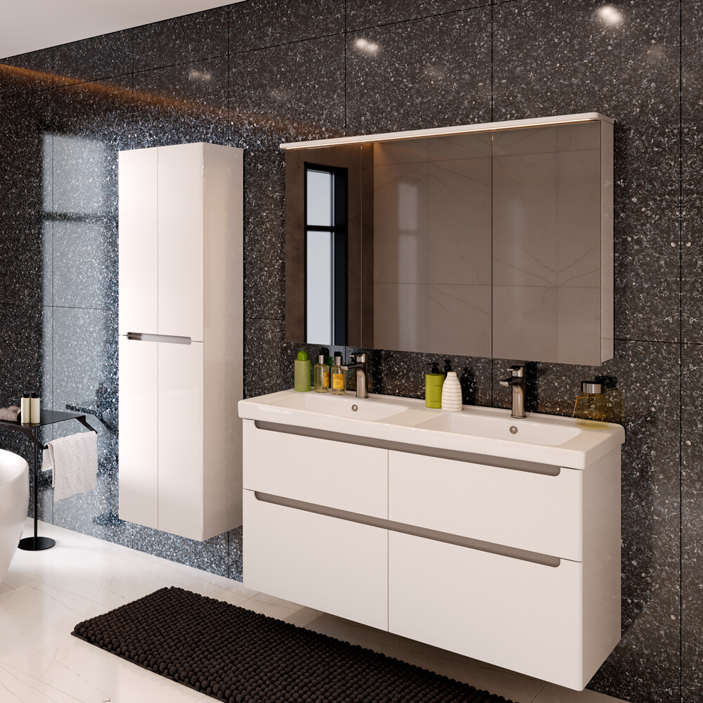 Тумба Lemark BUNO 125 см подвесная/напольная, 4 ящика, (под двойной ум. Гармония 125) цвет планки: Серый, цвет корпуса, фасада: Белый глянец LM04B125T