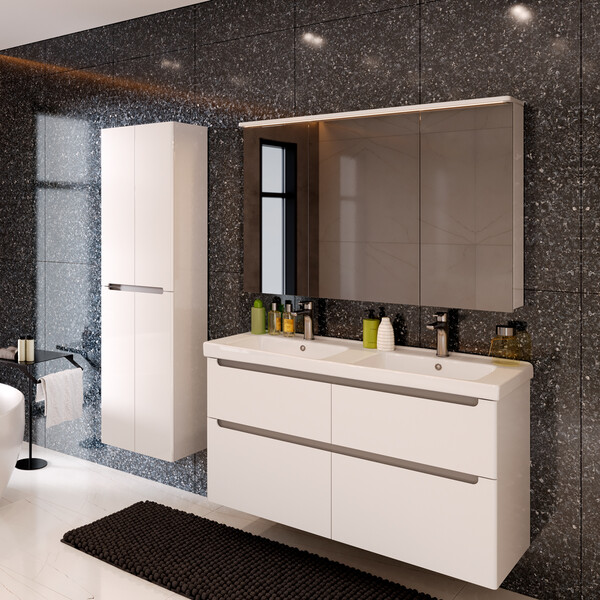 Тумба Lemark BUNO 125 см подвесная/напольная, 4 ящика, (под двойной ум. Гармония 125) цвет планки: Серый, цвет корпуса, фасада: Белый глянец LM04B125T