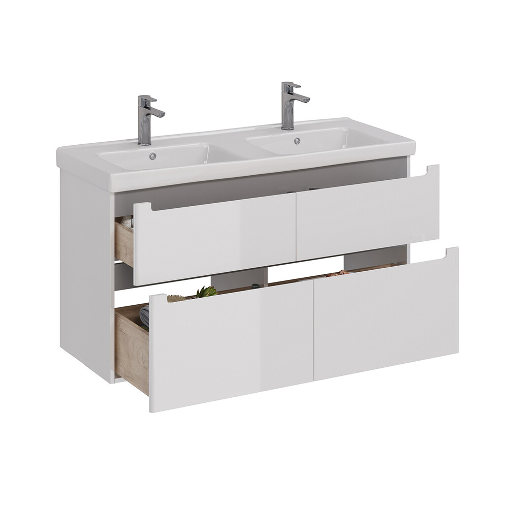 Тумба Lemark BUNO 125 см подвесная/напольная, 4 ящика, (под двойной ум. Гармония 125) цвет планки: Серый, цвет корпуса, фасада: Белый глянец LM04B125T