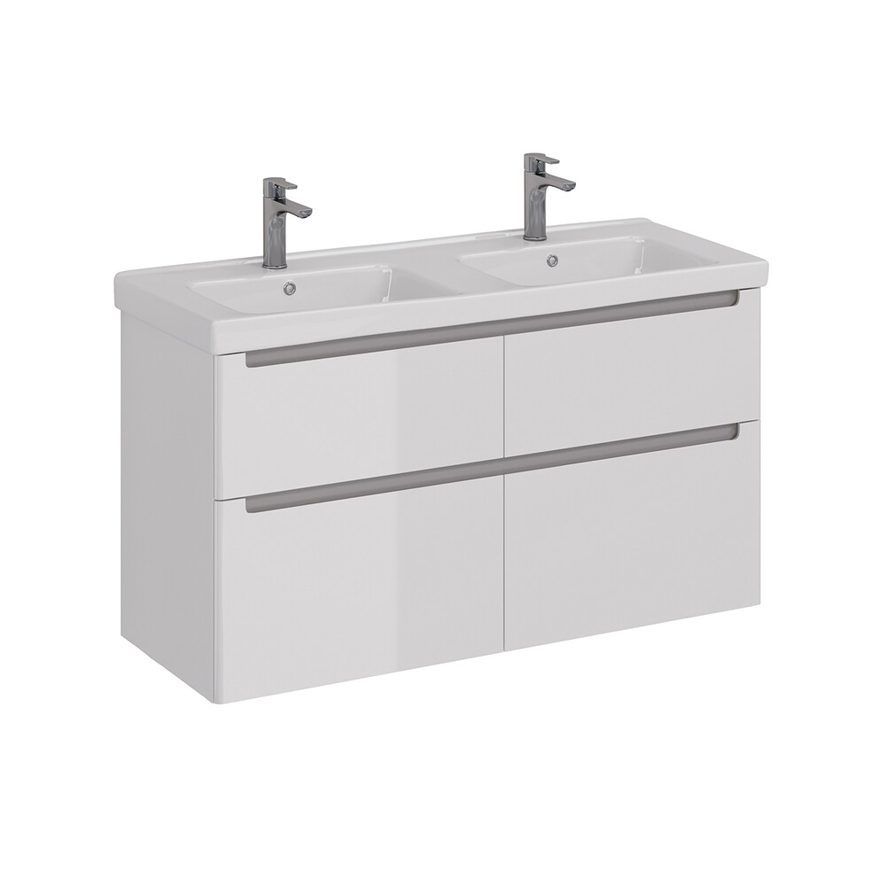 Тумба Lemark BUNO 125 см подвесная/напольная, 4 ящика, (под двойной ум. Гармония 125) цвет планки: Серый, цвет корпуса, фасада: Белый глянец LM04B125T