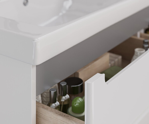 Тумба Lemark BUNO 125 см подвесная/напольная, 4 ящика, (под двойной ум. Гармония 125) цвет планки: Серый, цвет корпуса, фасада: Белый глянец LM04B125T