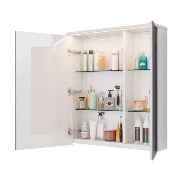 Шкаф зеркальный Lemark ZENON 70х80 см 2-х дверный, с козырьком-подсветкой, с розеткой, цвет корпуса: Белый глянец LM70ZS-Z