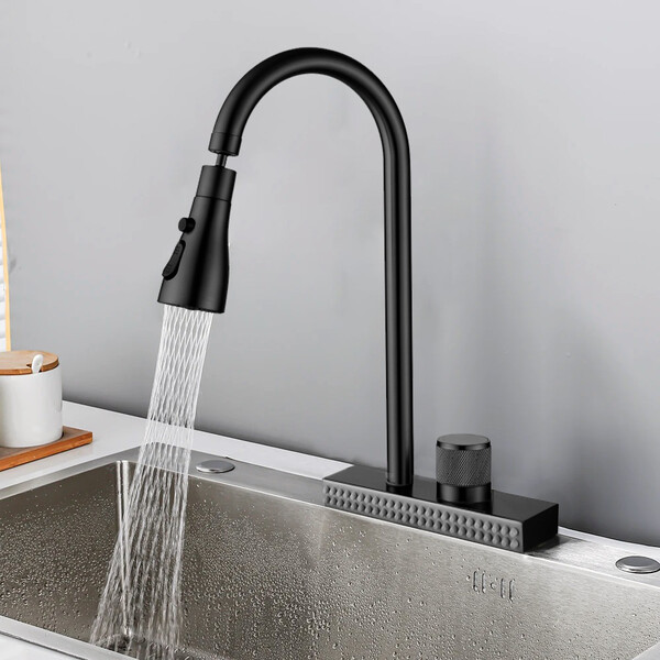 74198B Смеситель Кухня LEDEME с каскадным душем (нерж сталь) Черный