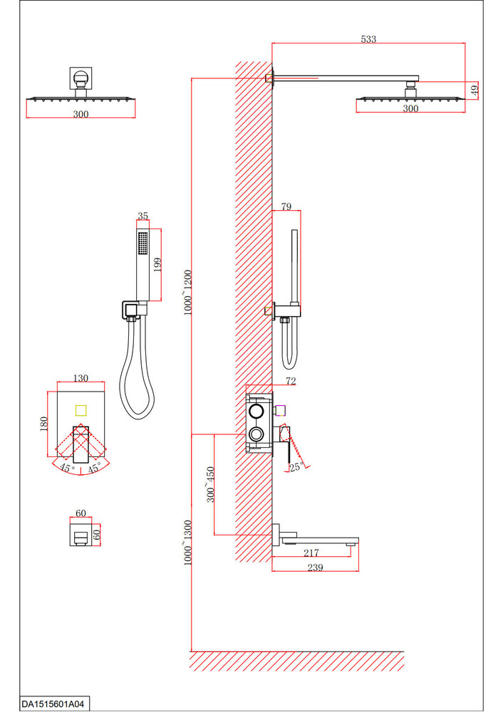DA1515607A04 Душевая система для ванны и душа DK Bayern.Liszt встраиваемый с изливом матовое золото