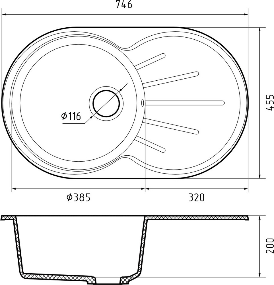 Мойка для кухни GranFest Композит RONDO 750L чаша + крыло 746*455 мм, овал (R-750L кашемир)