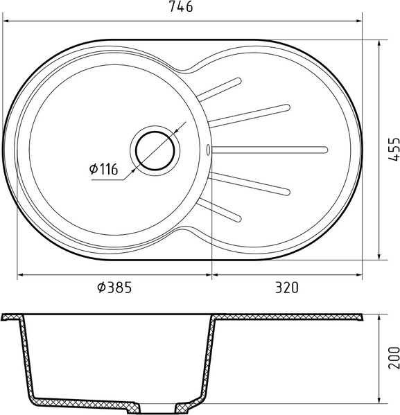 Мойка для кухни GranFest Композит RONDO 750L чаша + крыло 746*455 мм, овал (R-750L кашемир)