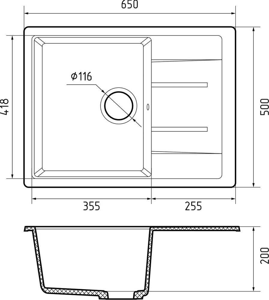 Мойка для кухни GranFest Композит QUADRO 650L 1 чаша+крыло 650*500 мм (Q-650L кашемир) 