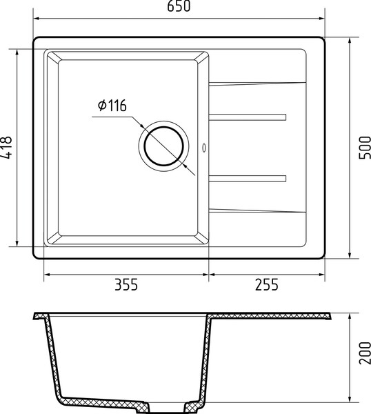 Мойка для кухни GranFest Композит QUADRO 650L 1 чаша+крыло 650*500 мм (Q-650L кашемир) 