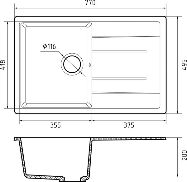 Мойка для кухни GranFest Композит QUADRO 780L чаша+крыло 770*495 мм (Q-780L кашемир) 