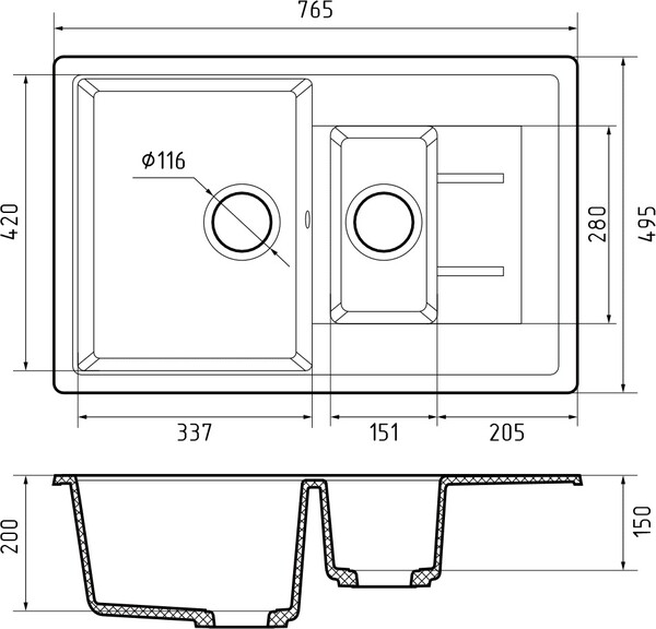 Мойка для кухни GranFest Композит QUADRO 775KL 1,5 чаши 765*495 мм (Q-775KL кашемир)