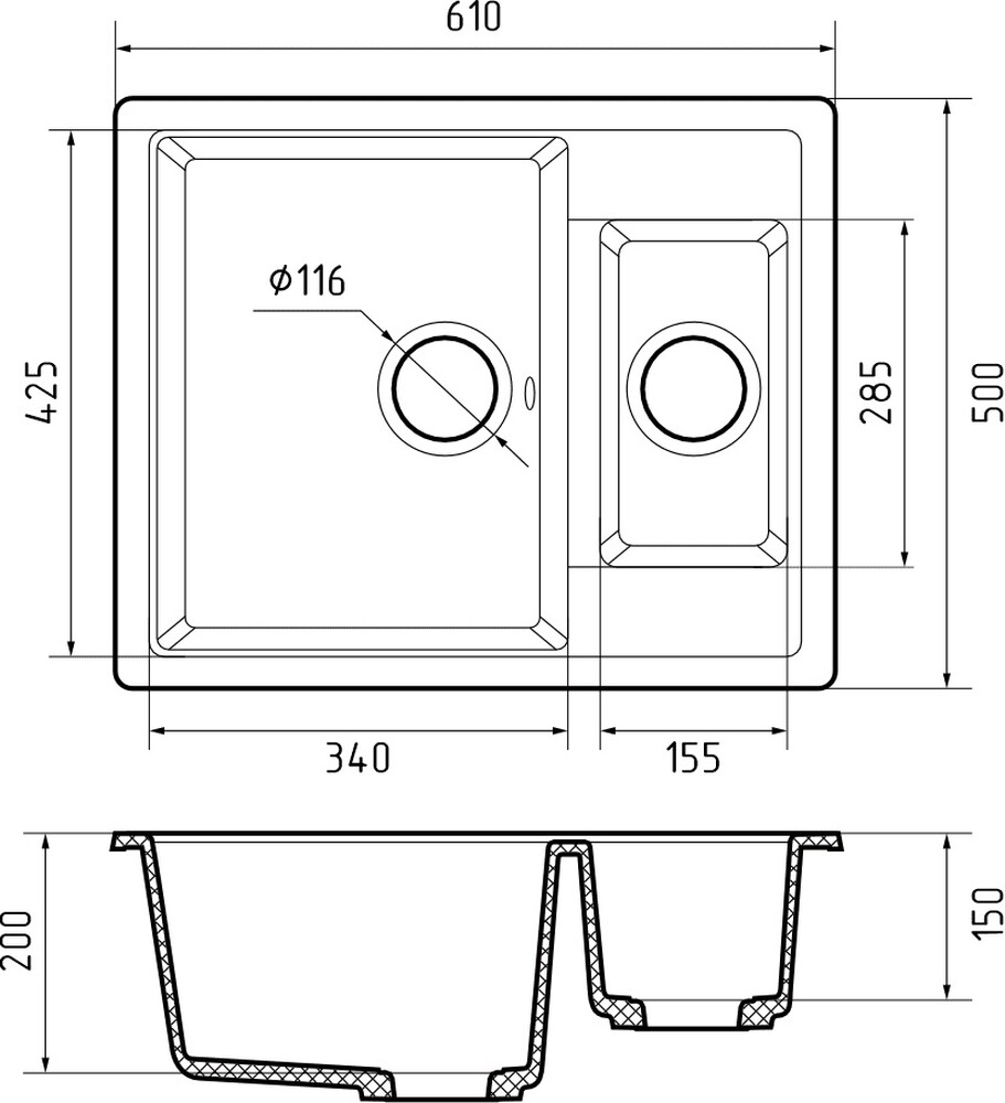 Мойка для кухни GranFest Композит QUADRO 610K 1,5 чаши 610*500 мм (Q-610K кашемир) 