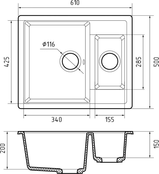 Мойка для кухни GranFest Композит QUADRO 610K 1,5 чаши 610*500 мм (Q-610K кашемир) 