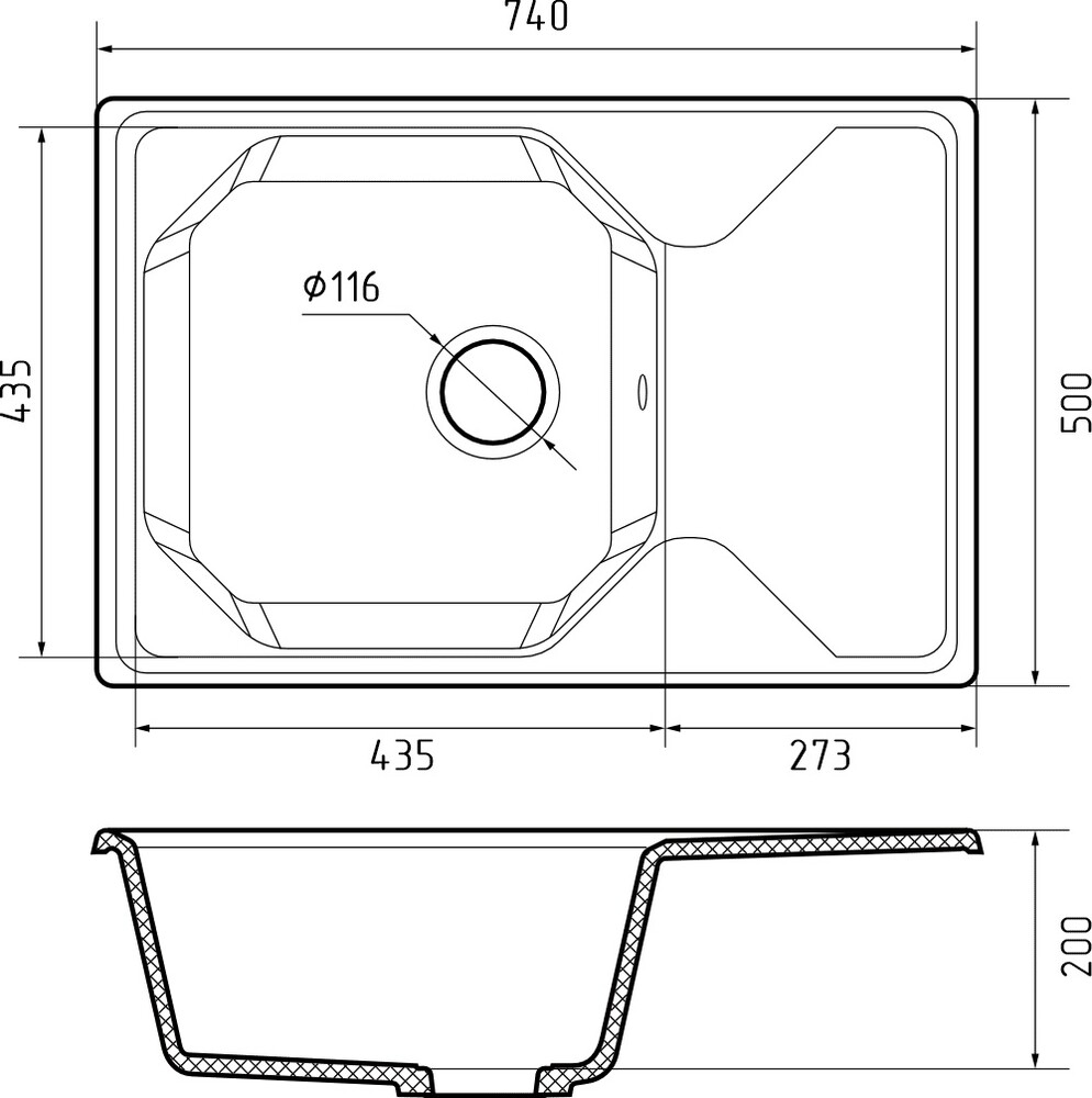 Мойка для кухни GranFest Композит UNIQUE 740L чаша+крыло 740*500мм (U-740L кашемир)