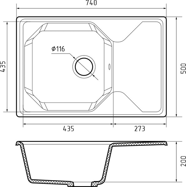 Мойка для кухни GranFest Композит UNIQUE 740L чаша+крыло 740*500мм (U-740L кашемир)