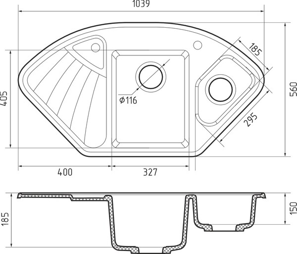 Мойка для кухни GranFest Композит CORNER 1040E 1,5 чаши, угловая 1039*560 мм (C-1040E кашемир)