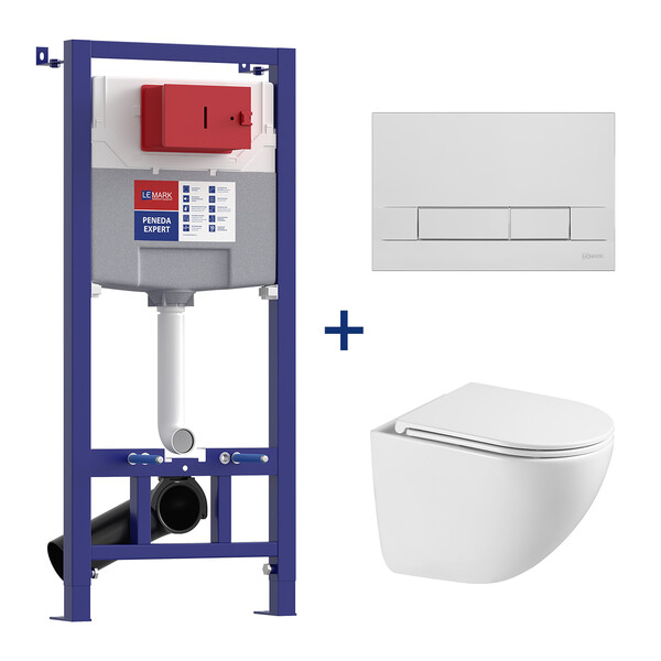 Инсталляция LEMARK (комплект 3 в 1) PENEDA EXPERT с кнопкой BIT ХРОМ ГЛЯНЕЦ + унитаз GLAZER БЕЛЫЙ подвесной безободковый 100121431
