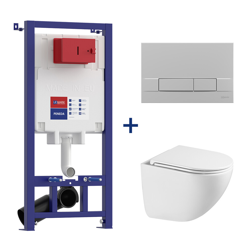 Инсталляция LEMARK (комплект 3 в 1) PENEDA с кнопкой BIT ХРОМ МАТОВЫЙ + унитаз GLAZER БЕЛЫЙ подвесной безободковый 100803429