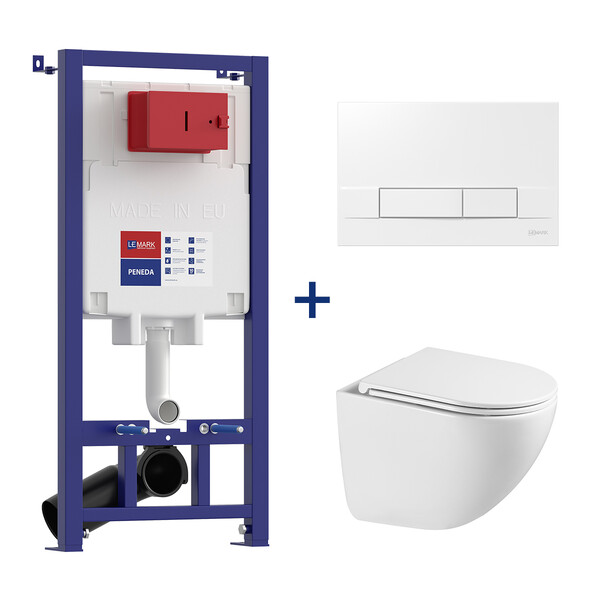 Инсталляция LEMARK (комплект 3 в 1) PENEDA с кнопкой BIT БЕЛЫЙ ГЛЯНЕЦ + унитаз GLAZER БЕЛЫЙ подвесной безободковый 100804426