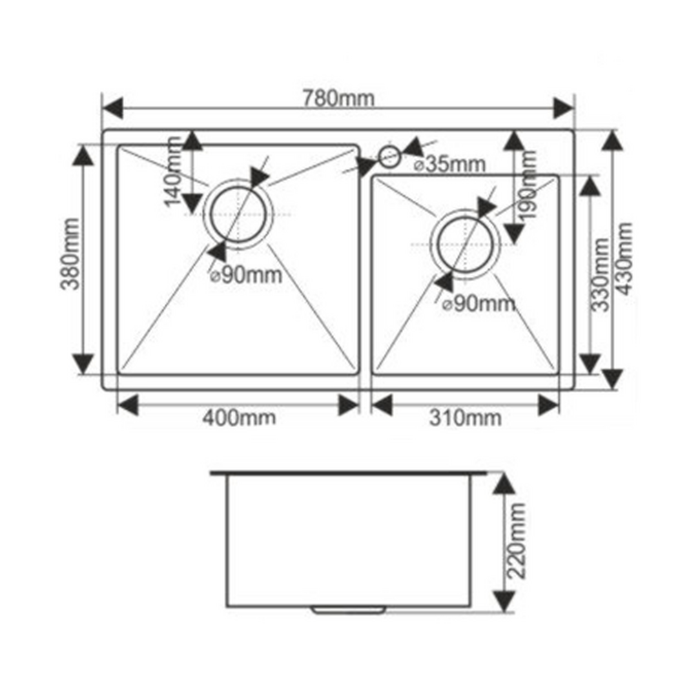 Мойка нерж врезная 780х430х220 т 3,0 САТИН 2-я чаша S7843H (+ сифон) AISI 304 MLN