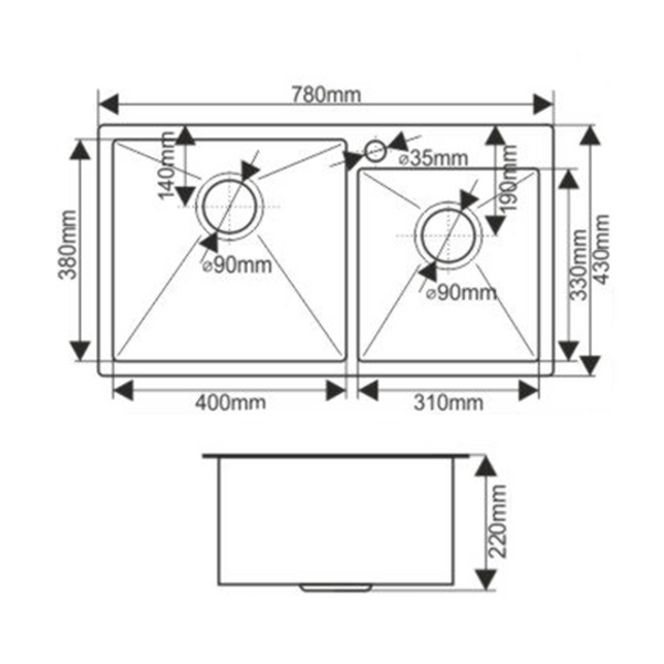 Мойка нерж врезная 780х430х220 т 3,0 САТИН 2-я чаша S7843H (+ сифон) AISI 304 MLN