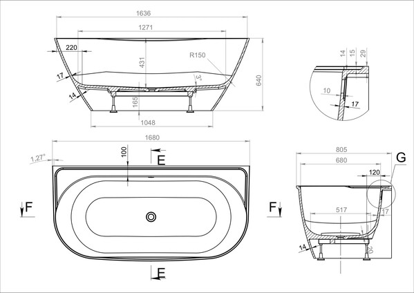 Ванна из литьевого мрамора BAS "ПАЛЕРМО" 170х80 белая (БЕЗ АВТОСЛИВА) ВА00024