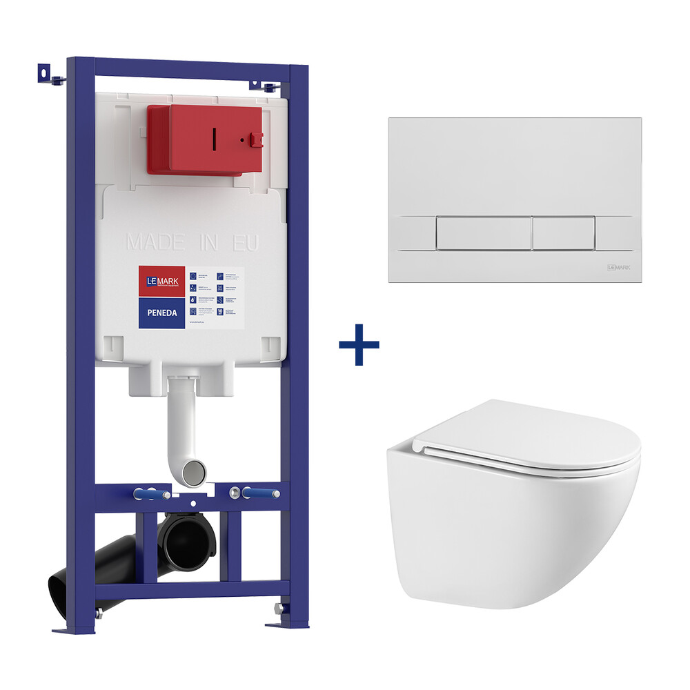 Инсталляция LEMARK (комплект 3 в 1) PENEDA с кнопкой BIT ХРОМ ГЛЯНЕЦ + унитаз GLAZER БЕЛЫЙ подвесной безободковый 100801427