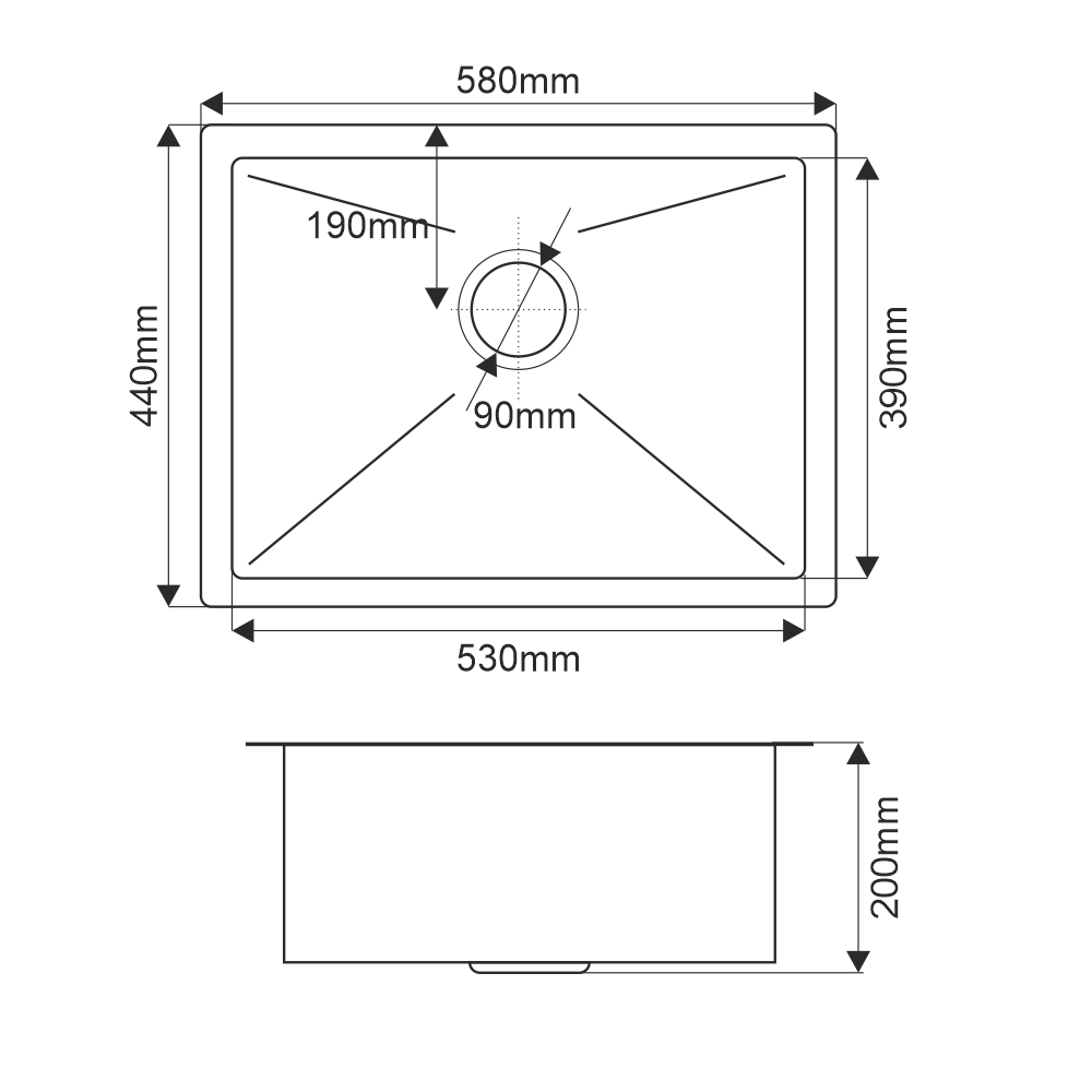 Мойка нерж врезная 580х440х200 т 3,0 САТИН R5844H (+ сифон) БЕЗ КОЛЛАНДЕРА AISI 304 MLN
