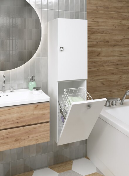 Пенал подвесной SANTREK HOME (Белый глянец) 1 дверь с КОРЗИНОЙ Правый 300х1114х300