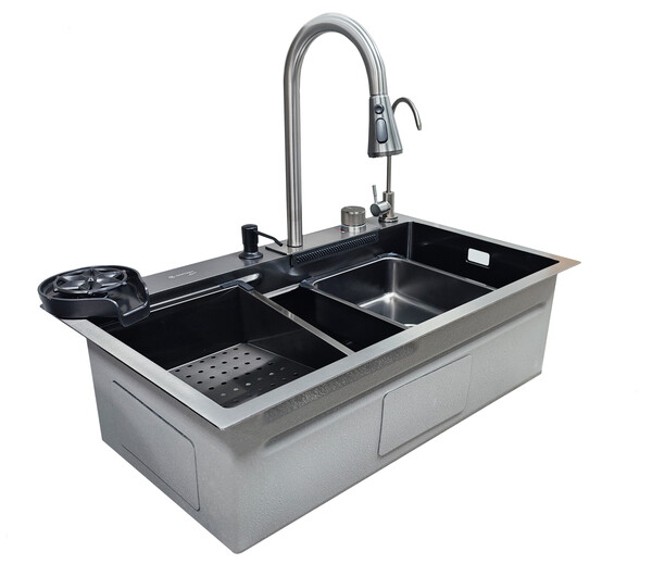  Мойка нерж врезная 750х450х220 т 3,0 ЧЕРНАЯ HB7545FB +6 (+ сифон) SANTREK AQUA + Подарок (Колландер, фруктов, доска, 2 смес, ополаск) АКЦИЯ !!!