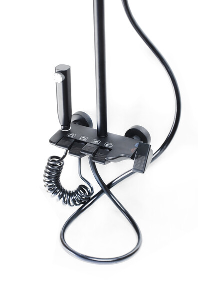 Душевая система SANTREK AQUA-1290 PRESTIGE (SAP-1290)  шар. d-28 с верхним душем, смесителем, гигиен лейкой (черный)