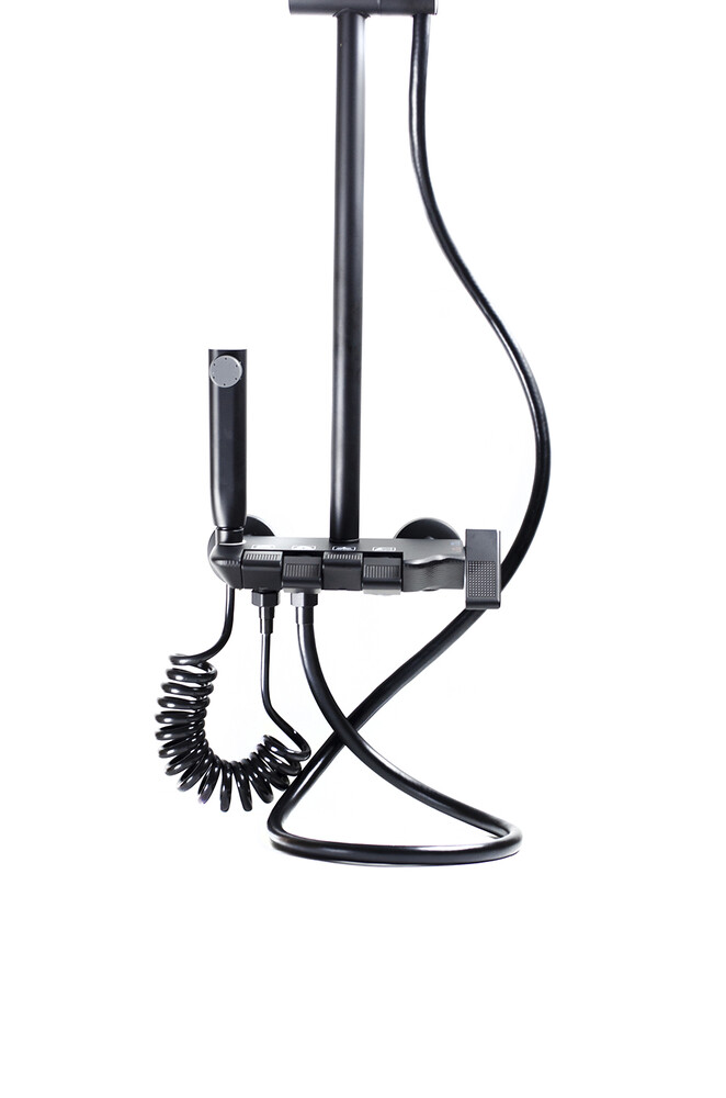 Душевая система SANTREK AQUA-1290 PRESTIGE (SAP-1290)  шар. d-28 с верхним душем, смесителем, гигиен лейкой (черный)