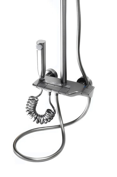 Душевая система SANTREK AQUA-1295 PRESTIGE (SAP-1295)  шар. d-28 с верхним душем, смесителем, гигиен лейкой (оруж сталь)