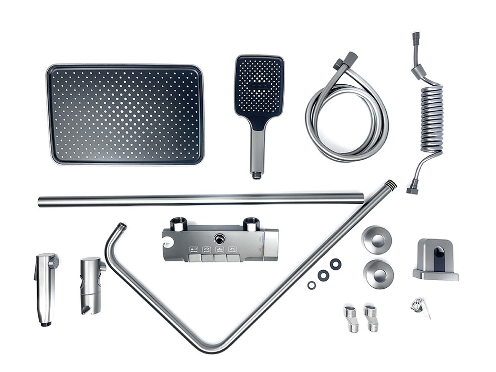 Душевая система SANTREK AQUA-1305 PRESTIGE (SAP-1305)  шар. d-28 с верхним душем, смесителем, гигиен лейкой (оруж сталь)