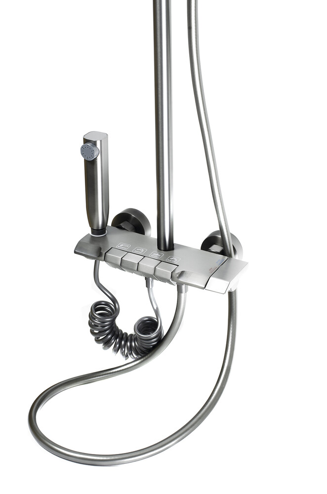 Душевая система SANTREK AQUA-1305 PRESTIGE (SAP-1305)  шар. d-28 с верхним душем, смесителем, гигиен лейкой (оруж сталь)