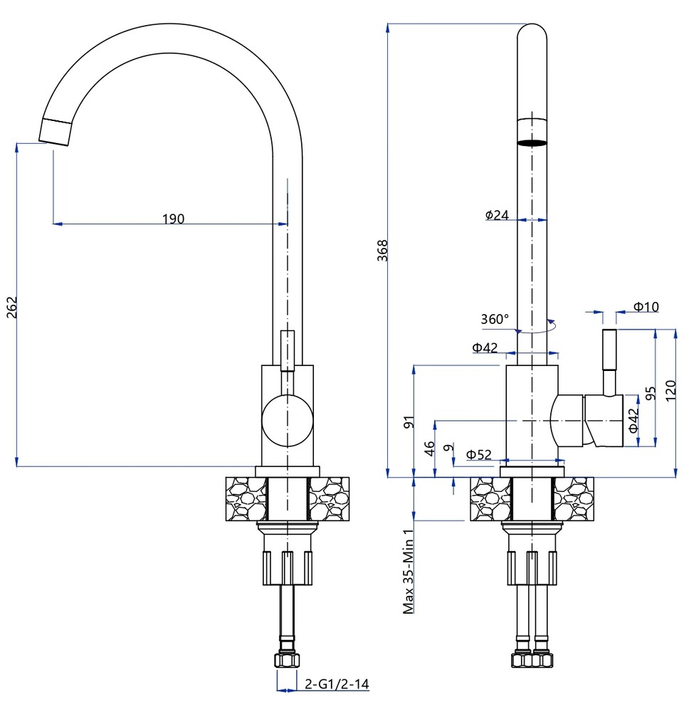 Смеситель Кухня QUARZ GRANFEST  Z-5410 d=35 U-обр. (темно-серый)