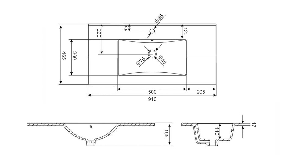 Раковина врезная HOLLER  E90 (910*465*165мм), белая